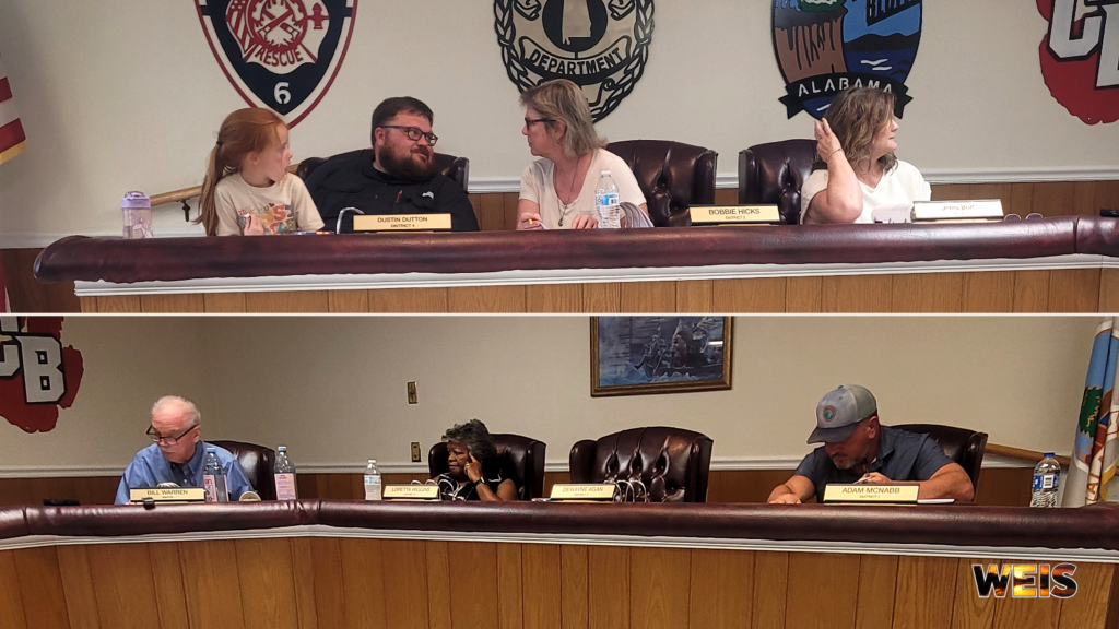Two views of the Cedar Bluff council meeting showing the mayor, council members, and town clerk at Town Hall.