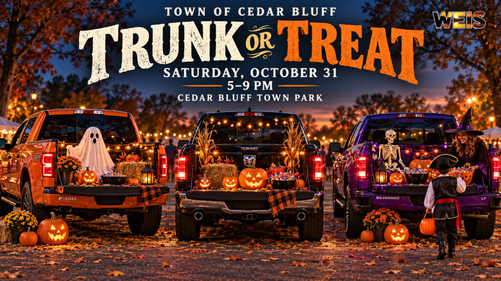 Cedar Bluff trunk-or-treat event graphic promoting Halloween activities at Town Park on October 31.