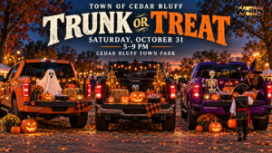 Cedar Bluff trunk-or-treat event graphic promoting Halloween activities at Town Park on October 31.