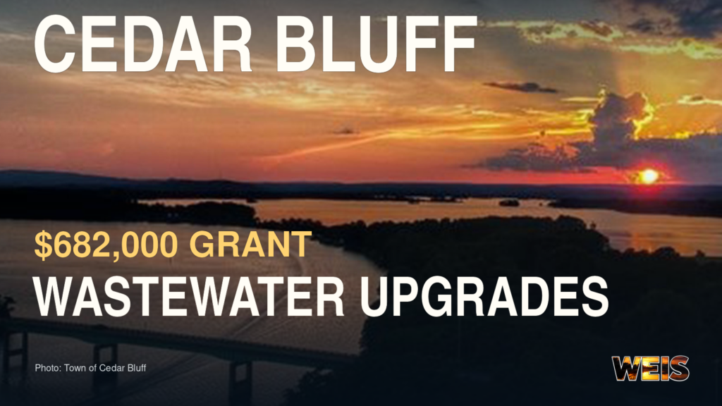 Sunset over Weiss Lake with large Cedar Bluff, $682,000 grant, and wastewater upgrades headlines, with WEIS branding.