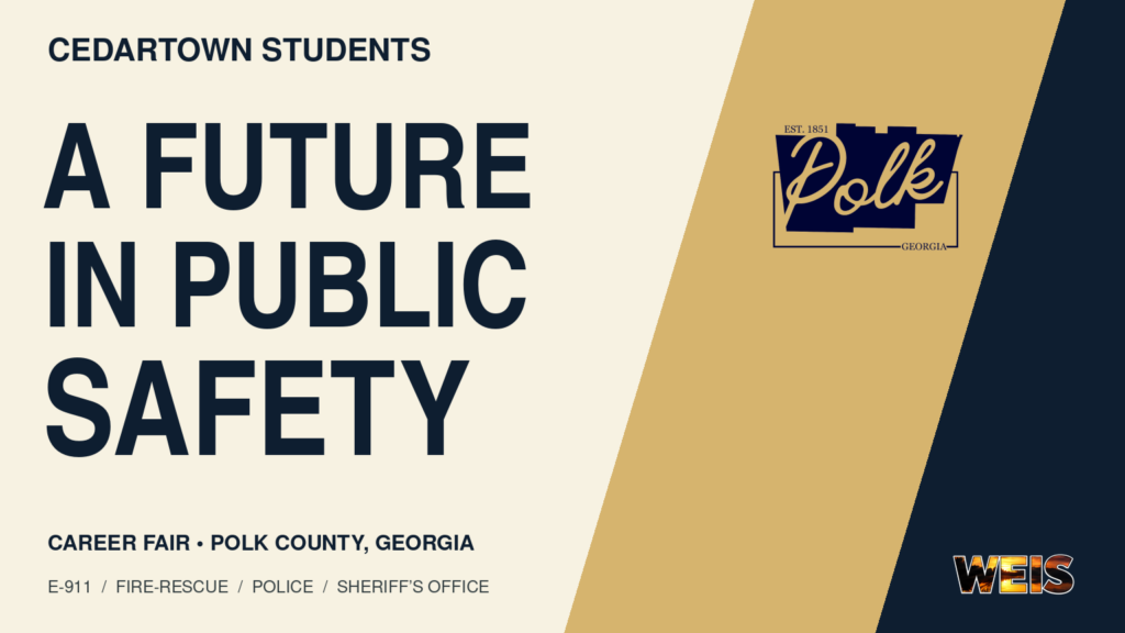 Cedartown career fair editorial graphic reading “A future in public safety” with the official Polk County logo and WEIS branding.