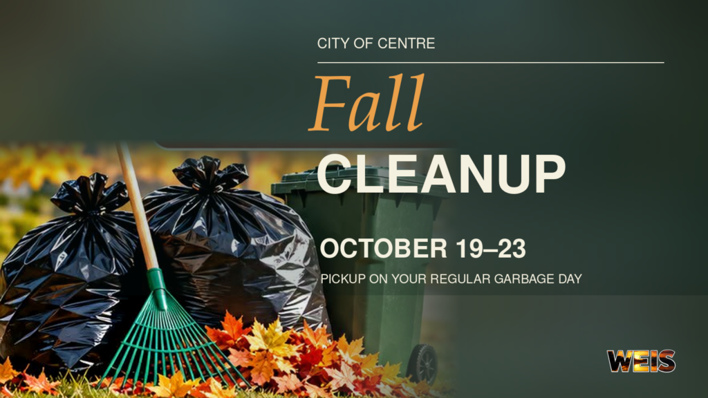 City of Centre fall cleanup header showing bags, a rake, autumn leaves, and a garbage bin, with October 19–23 pickup dates.