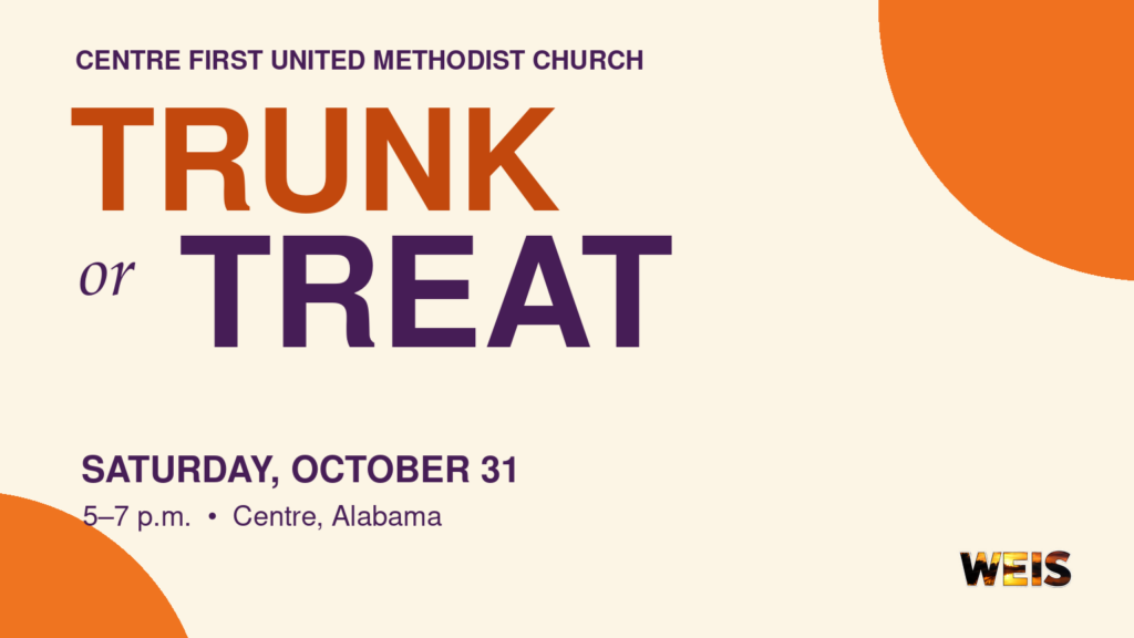 Centre Halloween trunk-or-treat header in orange and purple for Centre First United Methodist Church, October 31, 5–7 p.m., with WEIS branding.