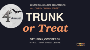 Centre Trunk or Treat header with moon artwork from the city’s flyer, Halloween lettering, and October 31 event hours.