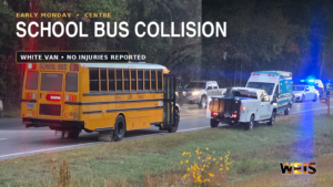 WEIS news graphic about the Centre van fire after a white van struck a Cherokee County Schools bus.