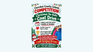Cherokee County Schools coat drive flyer requesting new coats in October for CSAF Christmas for Kids.