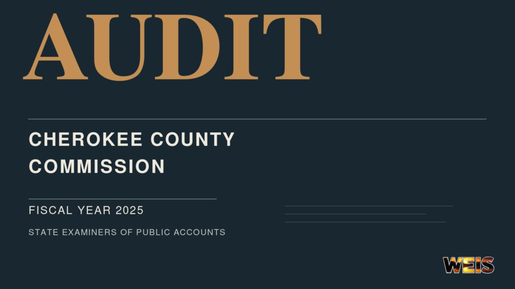  Dark navy audit graphic identifying the Cherokee County Commission’s fiscal 2025 audit and the Alabama Department of Examiners of Public Accounts.