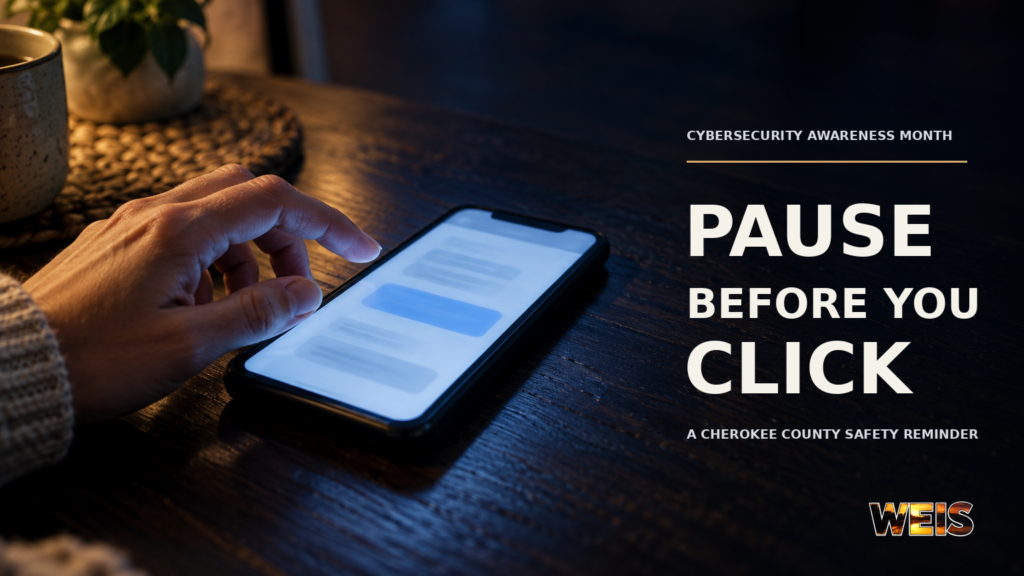 Illustrative image of a hand pausing over a phone message, with a Cybersecurity Awareness Month safety reminder.