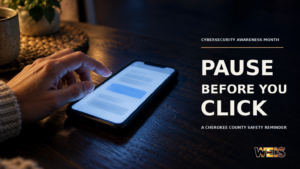Illustrative image of a hand pausing over a phone message, with a Cybersecurity Awareness Month safety reminder.