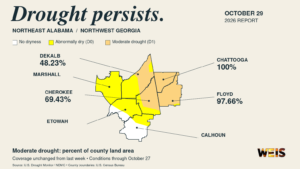 Map showing moderate drought across parts of Cherokee and DeKalb counties, nearly all of Floyd County, and all of Chattooga County on October 27, 2026.