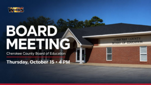 Cherokee County Board of Education meeting graphic showing the Central Office and October 15 meeting at 4 p.m.