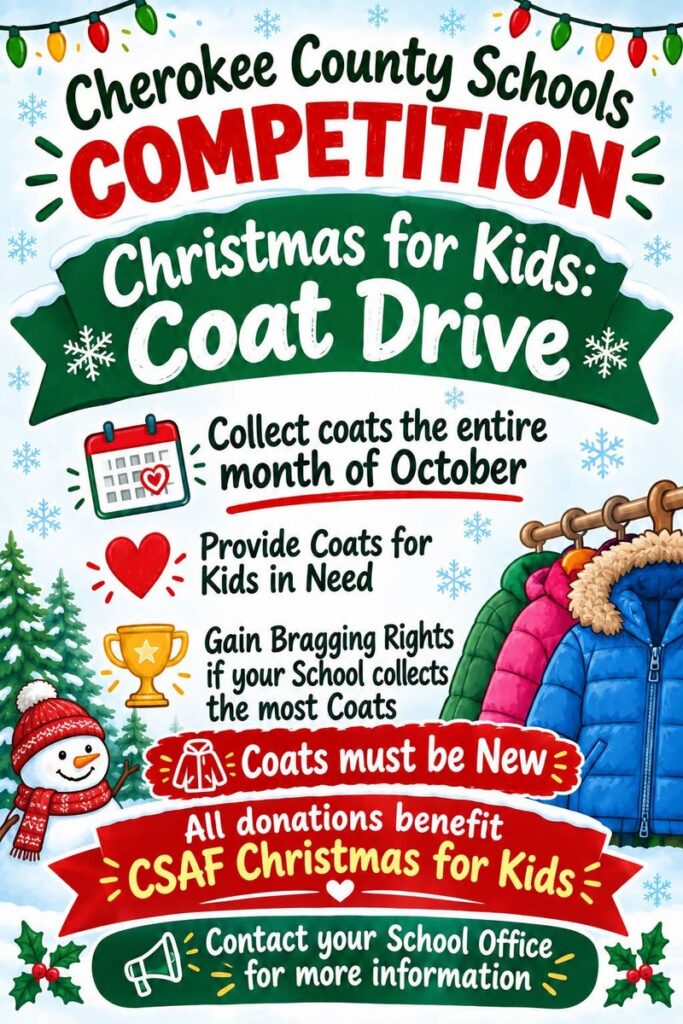 Cherokee County Schools coat drive flyer requesting new coats in October for CSAF Christmas for Kids.