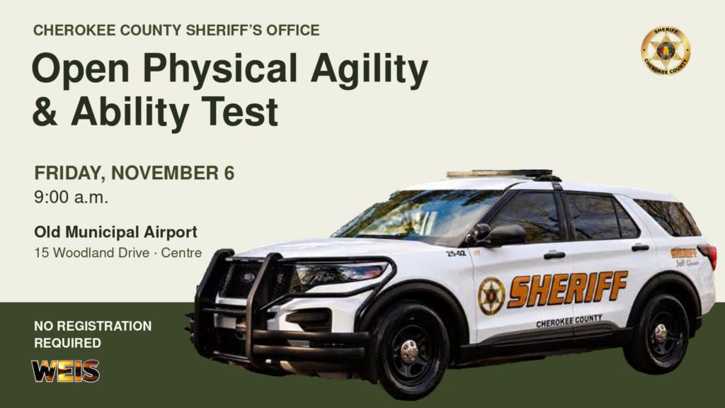 Cherokee County Sheriff’s Office physical agility test announcement featuring its marked SUV, official badge, and November 6 event details.