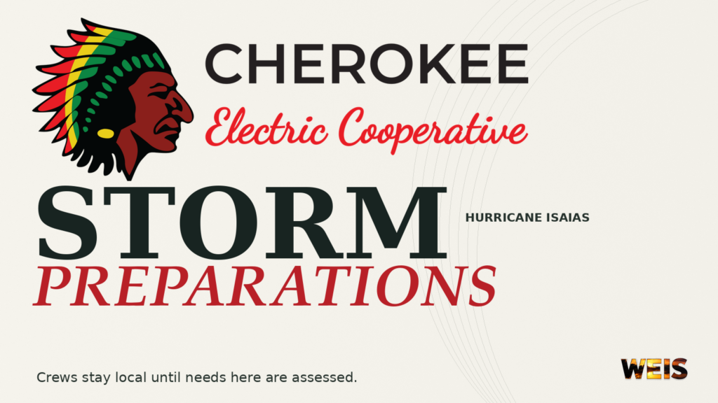 Cherokee Electric Cooperative logo with Local First headline about Hurricane Isaias preparations and WEIS branding.