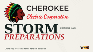 Cherokee Electric Cooperative logo with Local First headline about Hurricane Isaias preparations and WEIS branding.