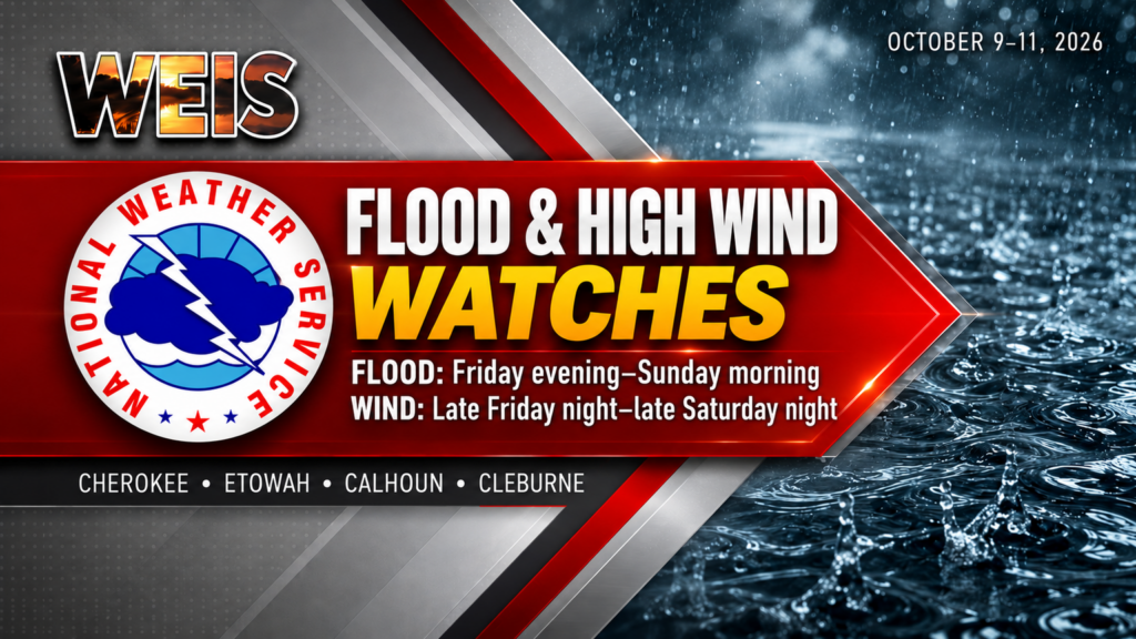 WEIS weather graphic showing flood and high wind watches for Cherokee, Etowah, Calhoun and Cleburne counties, with separate weekend timeframes for each watch