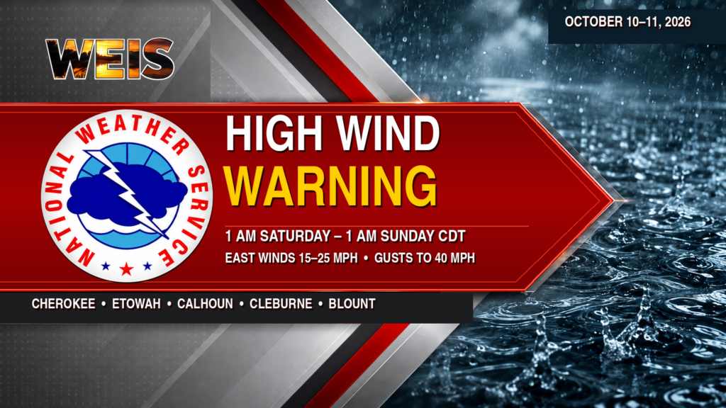 WEIS High Wind Warning graphic for Cherokee, Etowah, Calhoun, Cleburne, and Blount counties, effective October 10–11.