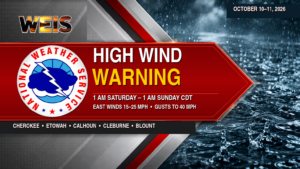 WEIS High Wind Warning graphic for Cherokee, Etowah, Calhoun, Cleburne, and Blount counties, effective October 10–11.