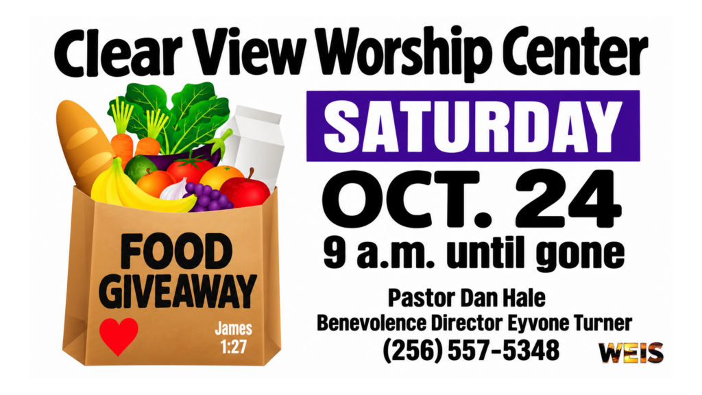 Clear View food giveaway flyer for Clear View Worship Center, Saturday, October 24, starting at 9 a.m.