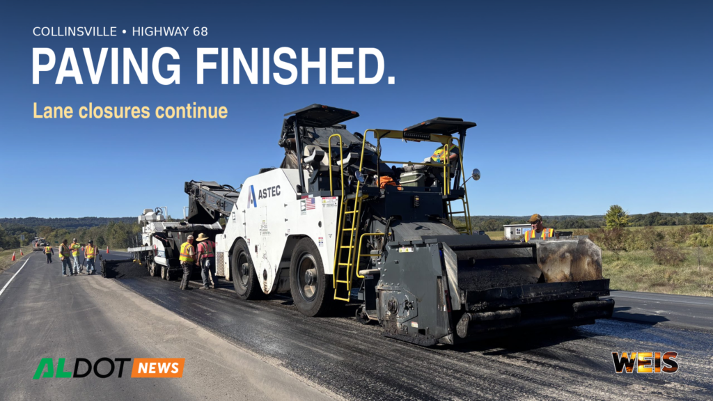 Official ALDOT photograph of Highway 68 paving in Collinsville with a lane-closure update.
