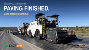 Official ALDOT photograph of Highway 68 paving in Collinsville with a lane-closure update.
