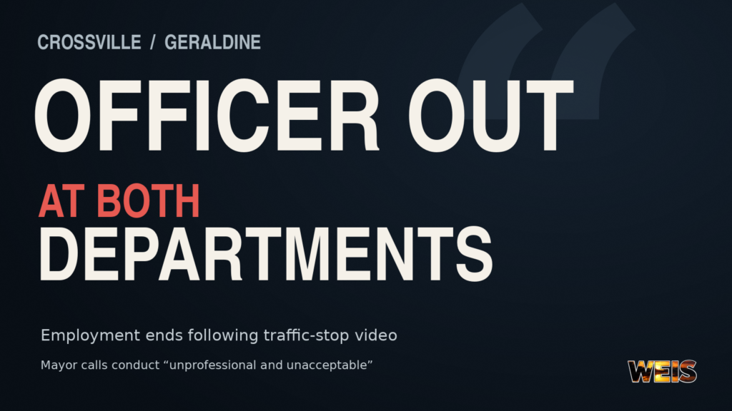 Crossville police officer header announcing employment ended with Crossville and Geraldine following a traffic-stop video.