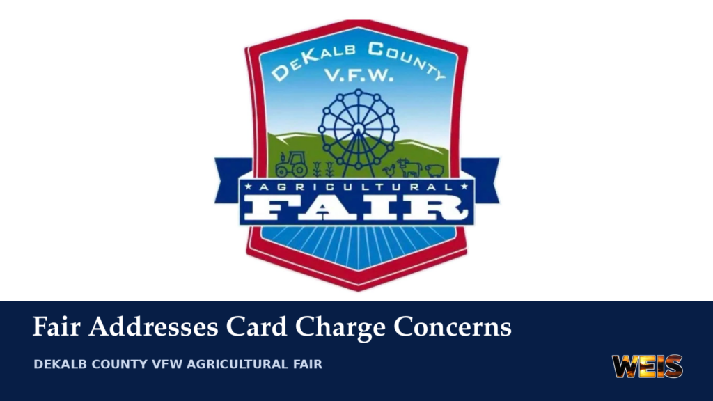 DeKalb County Fair emblem with a headline about organizers responding to card charge concerns and WEIS branding.