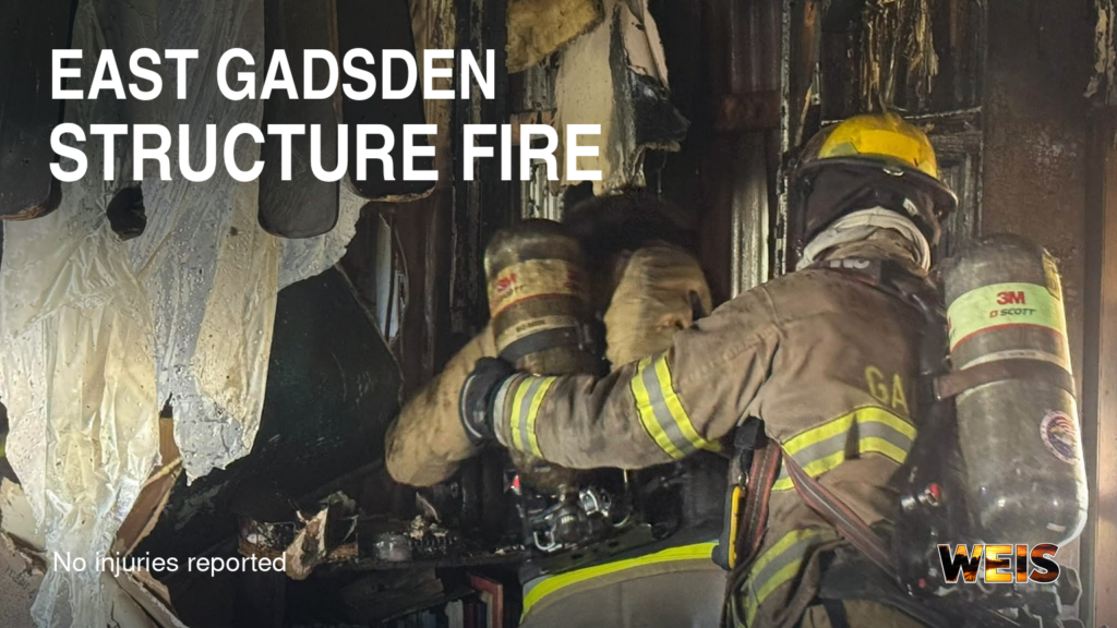 East Gadsden fire header showing firefighters inside a damaged manufactured home, with a structure fire headline and WEIS branding.