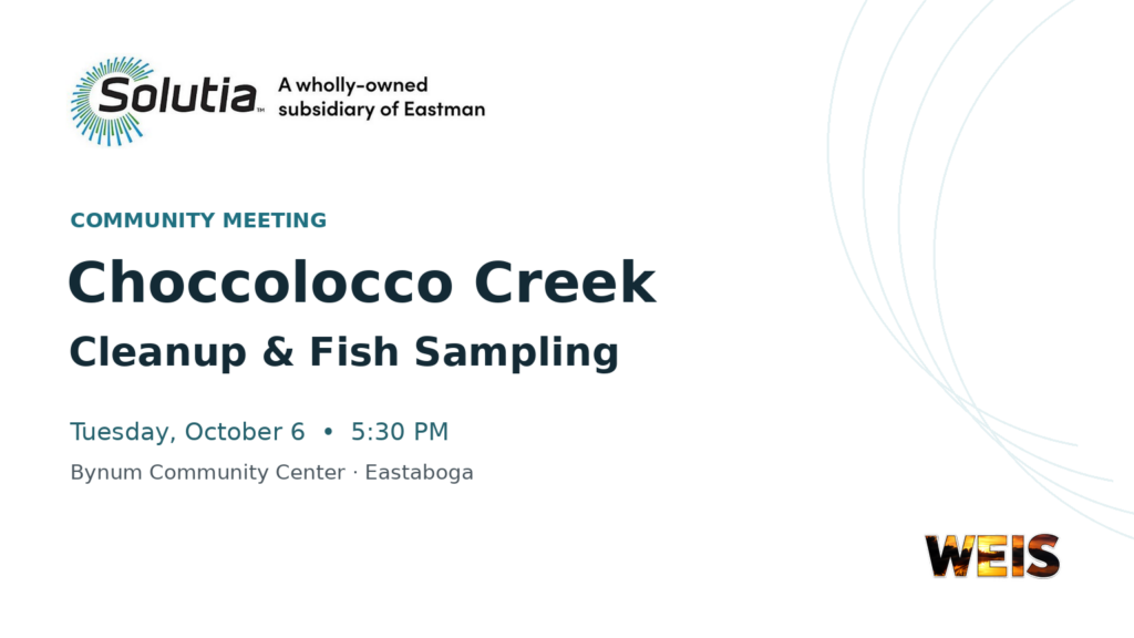 Choccolocco Creek meeting announcement about cleanup and fish sampling, October 6 at Bynum Community Center in Eastaboga.