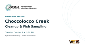 Choccolocco Creek meeting announcement about cleanup and fish sampling, October 6 at Bynum Community Center in Eastaboga.