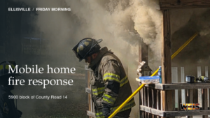 Firefighters work beside a smoke-filled mobile home during Friday morning’s fire on County Road 14 in Ellisville.
