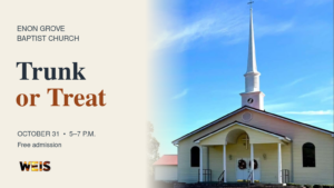 Enon Grove Baptist Church in Cedar Bluff with an announcement for its free October 31 Trunk or Treat, from 5 to 7 p.m.