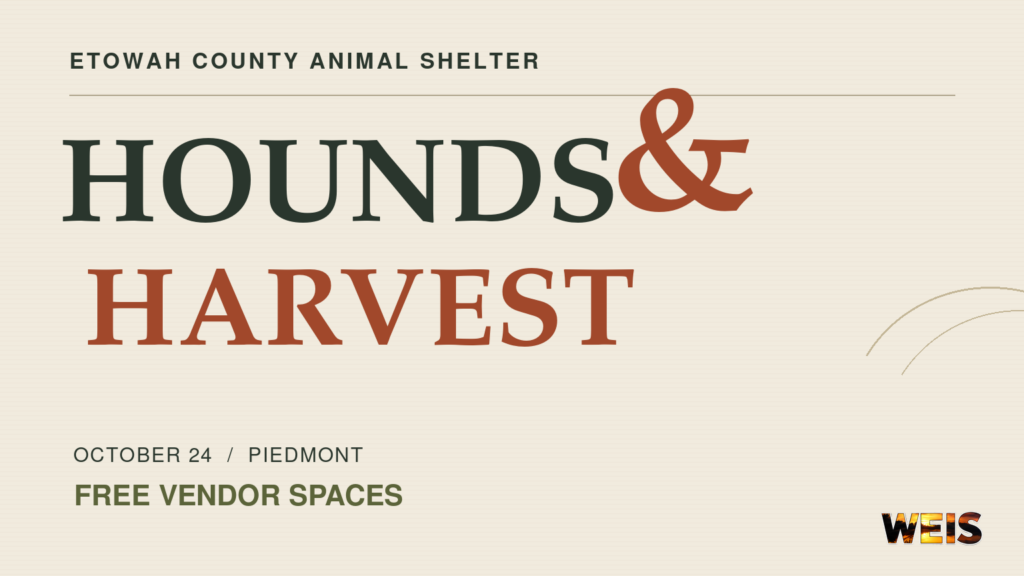 Type-led Hounds & Harvest Fest news graphic with the Etowah County Animal Shelter name, Oct. 24 date, Piedmont location, and free vendor spaces.