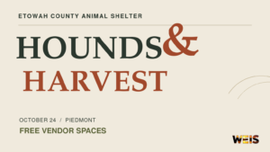 Type-led Hounds & Harvest Fest news graphic with the Etowah County Animal Shelter name, Oct. 24 date, Piedmont location, and free vendor spaces.