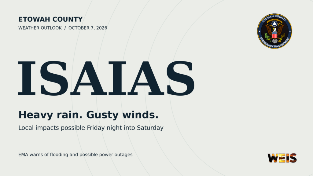 Etowah County Isaias weather outlook header with the EMA emblem and a warning about heavy rain, gusty winds and outages.