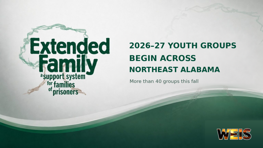 Extended Family logo beside a headline announcing 2026–27 youth groups across Northeast Alabama.