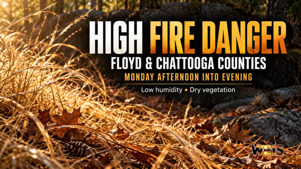 High fire danger graphic for Floyd and Chattooga counties with dry grasses, leaves, pine needles, and WEIS branding.