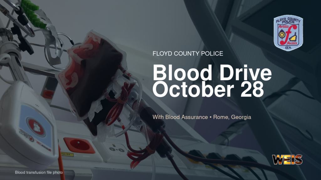 Floyd blood drive header with a blood transfusion file photo, Floyd County Police badge, and October 28 date.