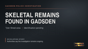 News graphic reporting skeletal remains found near Tyler Street in Gadsden as police continue their investigation