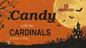 Candy with the Cardinals and Trunk or Treat header with an orange background, golden moon, Halloween silhouettes, Gadsden State logo, and WEIS branding.