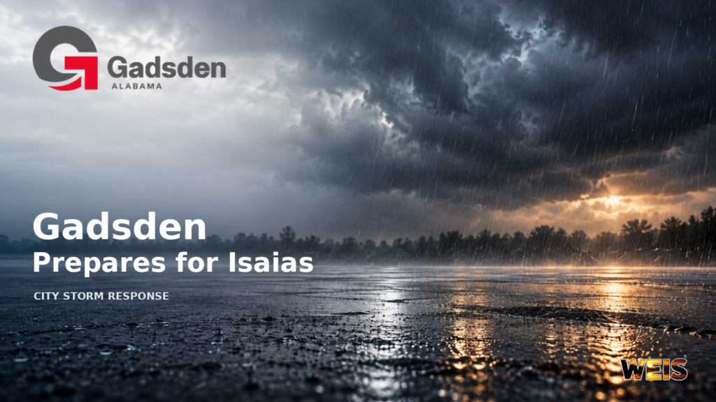 Gadsden storm preparations header with the official city logo over illustrative rain and storm clouds.