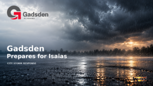 Gadsden storm preparations header with the official city logo over illustrative rain and storm clouds.