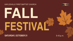 Gaylesville First Baptist Fall Festival header with autumn leaves, burgundy and gold lettering, and October 31 event details.