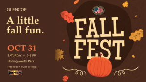 Glencoe Fall Fest header with the city seal, pumpkin, autumn leaves, and October 31 event hours.