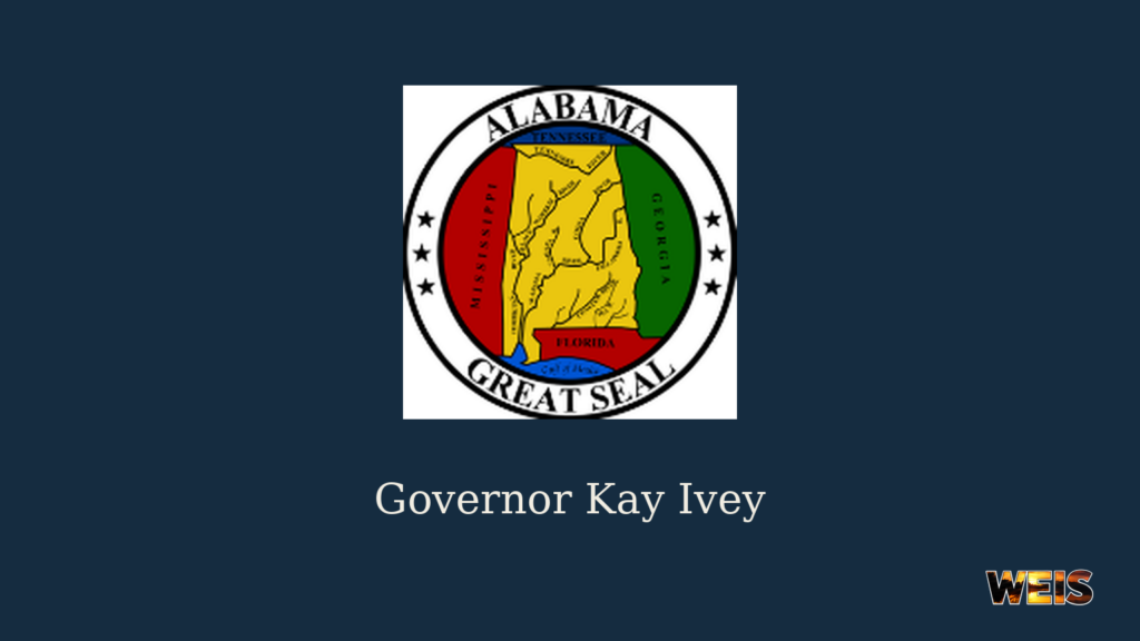 Alabama Great Seal with Governor Kay Ivey’s name on a WEIS header accompanying the ALEA troopers recognition story.