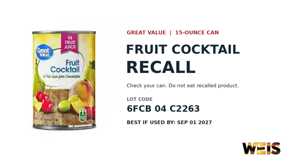 Great Value fruit cocktail recall graphic showing the affected can, lot code 6FCB 04 C2263, and September 1, 2027 best-by date.