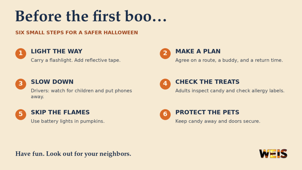 Six Halloween safety reminders covering visibility, family plans, careful driving, candy checks, flameless lighting, and pet protection.