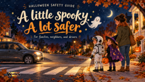 Halloween safety guide illustration of an adult and costumed children waiting by a crosswalk as a driver stops.