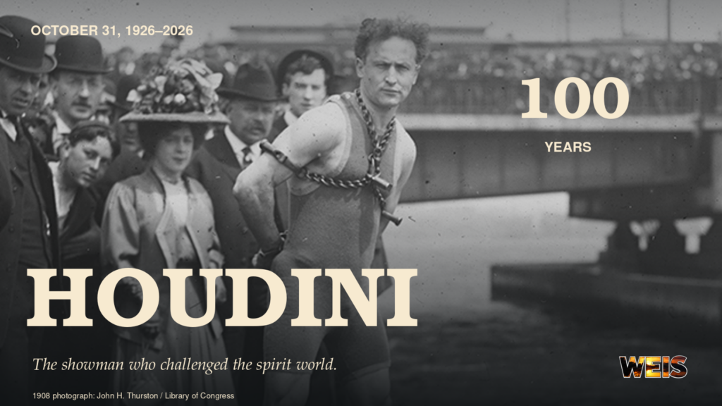 Harry Houdini in chains before a 1908 Boston escape, pictured in a header marking the 2026 centennial of his death.
