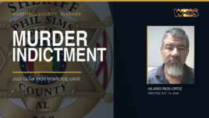 Marshall County Sheriff badge and booking photo of Hilario Rios-Ortiz with murder indictment headline